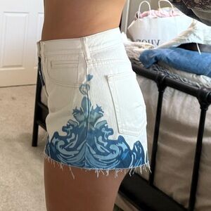White Denim Shorts with Blue Wave Design
